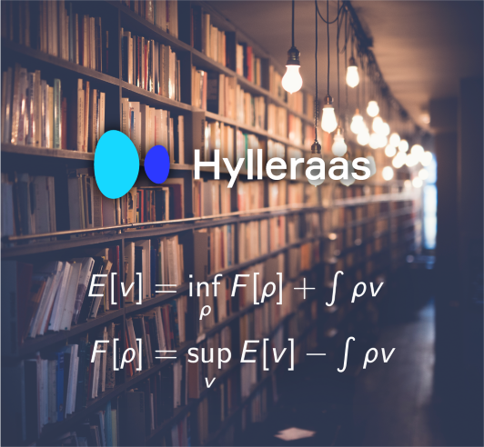Photo of book shelves, the Hylleraas logo.