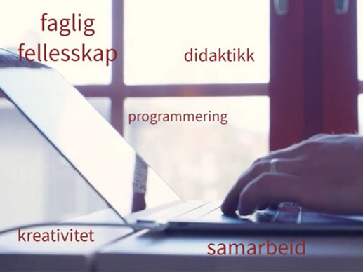 Nærbilde av laptop med ordsky av "faglig fellesskap", "didaktikk", "programmering, "kreativitet", "samarbeid"